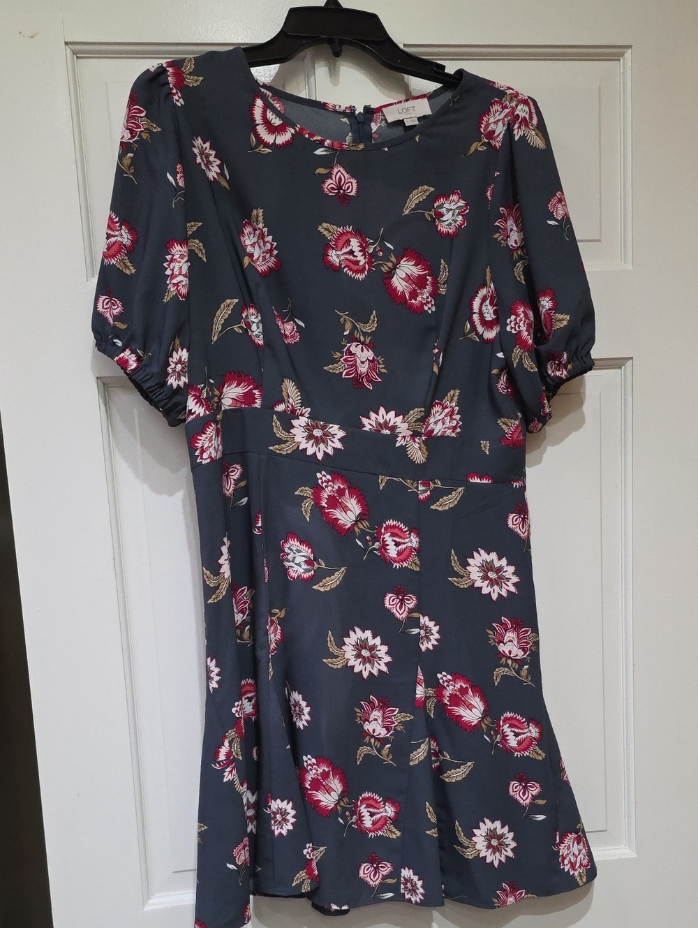 LOFT Charcoal Midi Dress with Pink Floral Print